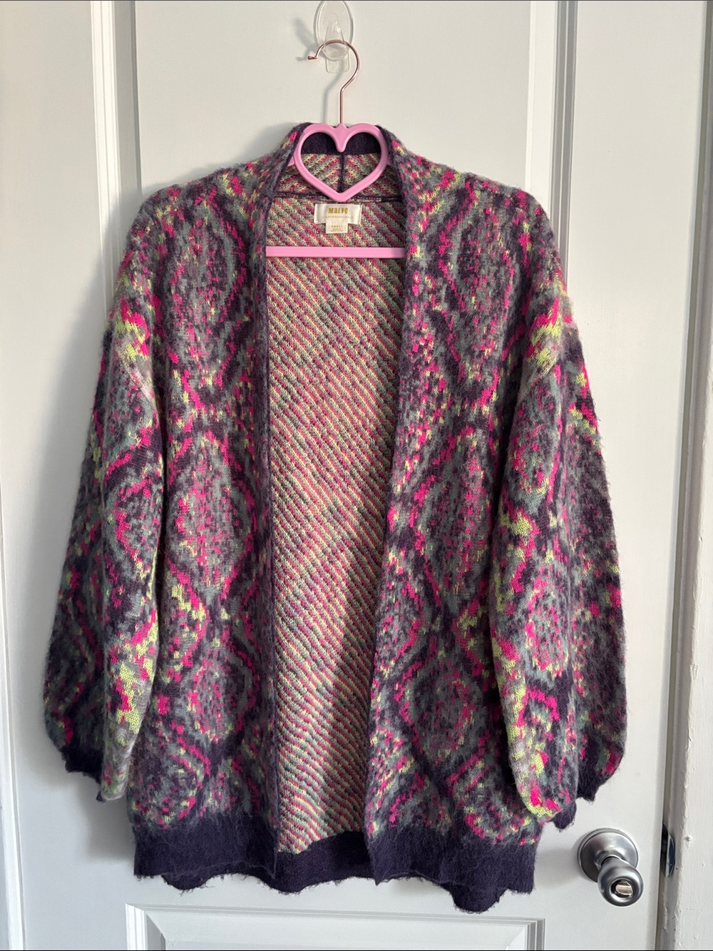 Anthropologie Gray Cardigan with Pink and Neon Green Pattern